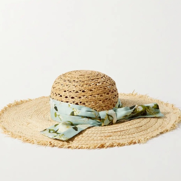 ERDEM Accessories - ERDEM Floral-print cotton-trimmed raffia sunhat